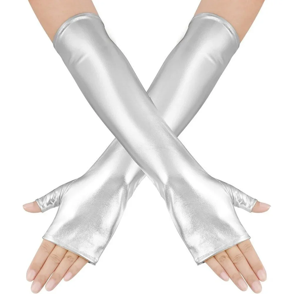 Women's Long Metallic Shiny Fingerless Gloves Silver Party Halloween Costume